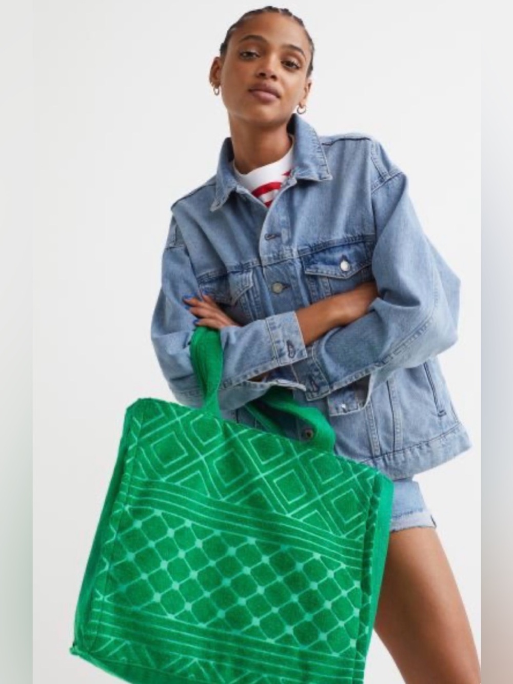 💚H&M Large Green Terrycloth Tote Bag/ Shoulder Bag /Beach Bag /Shopper,  NWOT